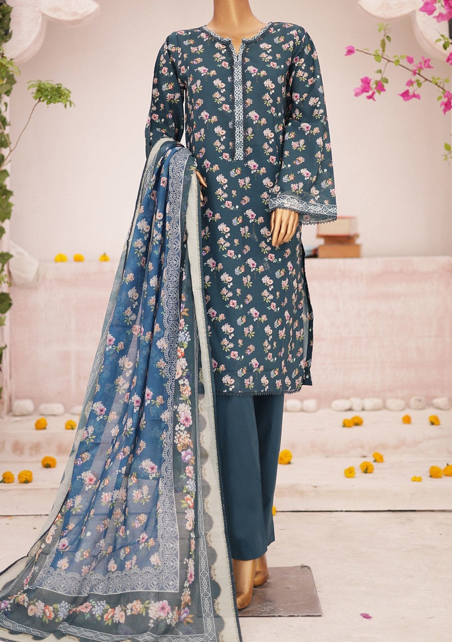 Bin Saeed Premium Unstitched Printed Lawn – Dusty Slate Blue