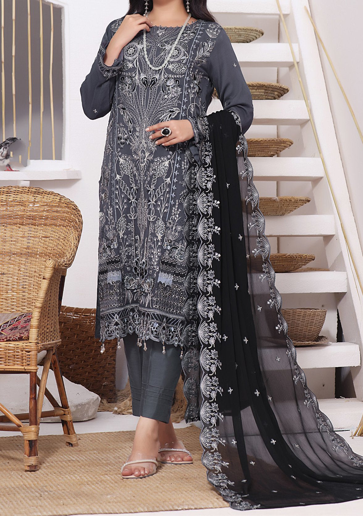 Bin Hameed Ready Made Embroidered Chiffon Dress