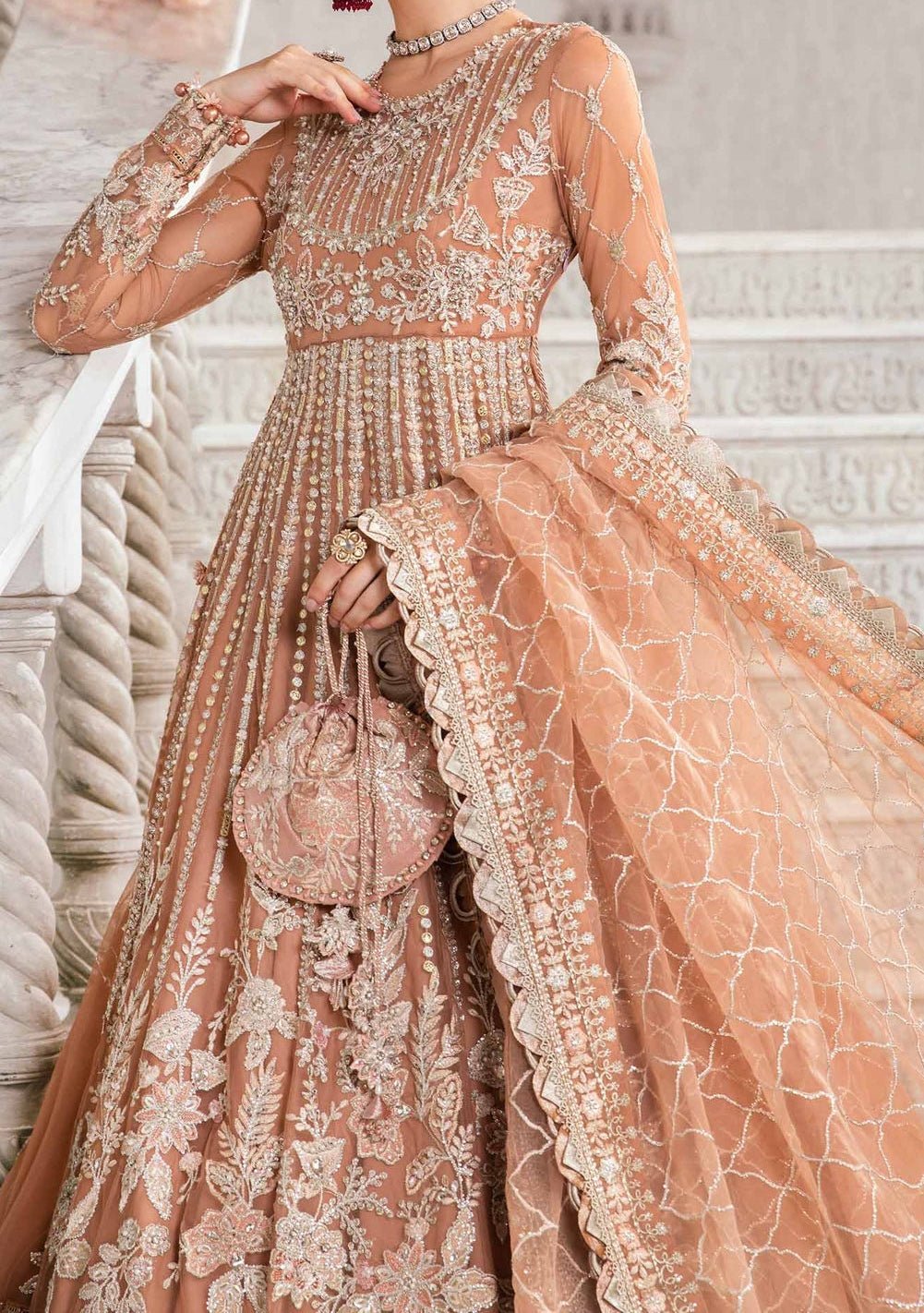 Maria.B Mbroidered Pakistani Luxury Net Lehenga Suit - db26292