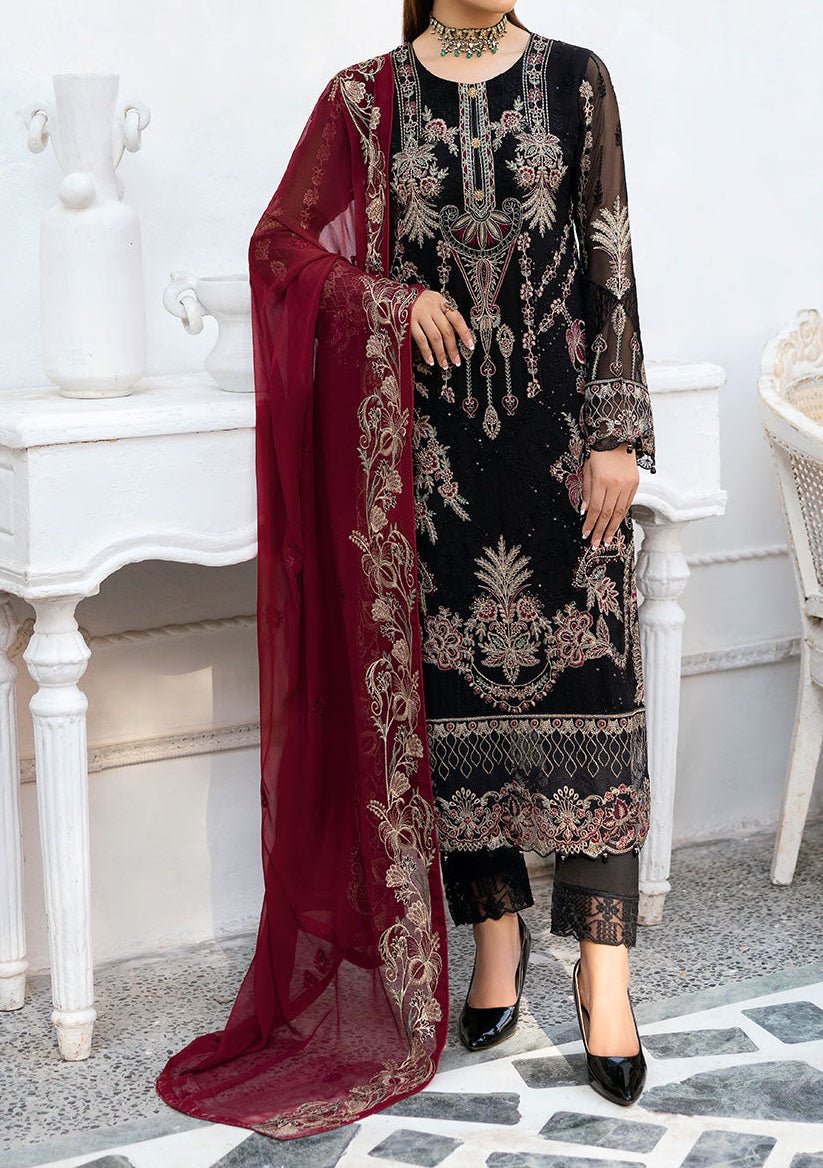 Ramsha Chevron Pakistani Embroidered Chiffon Dress - db28359