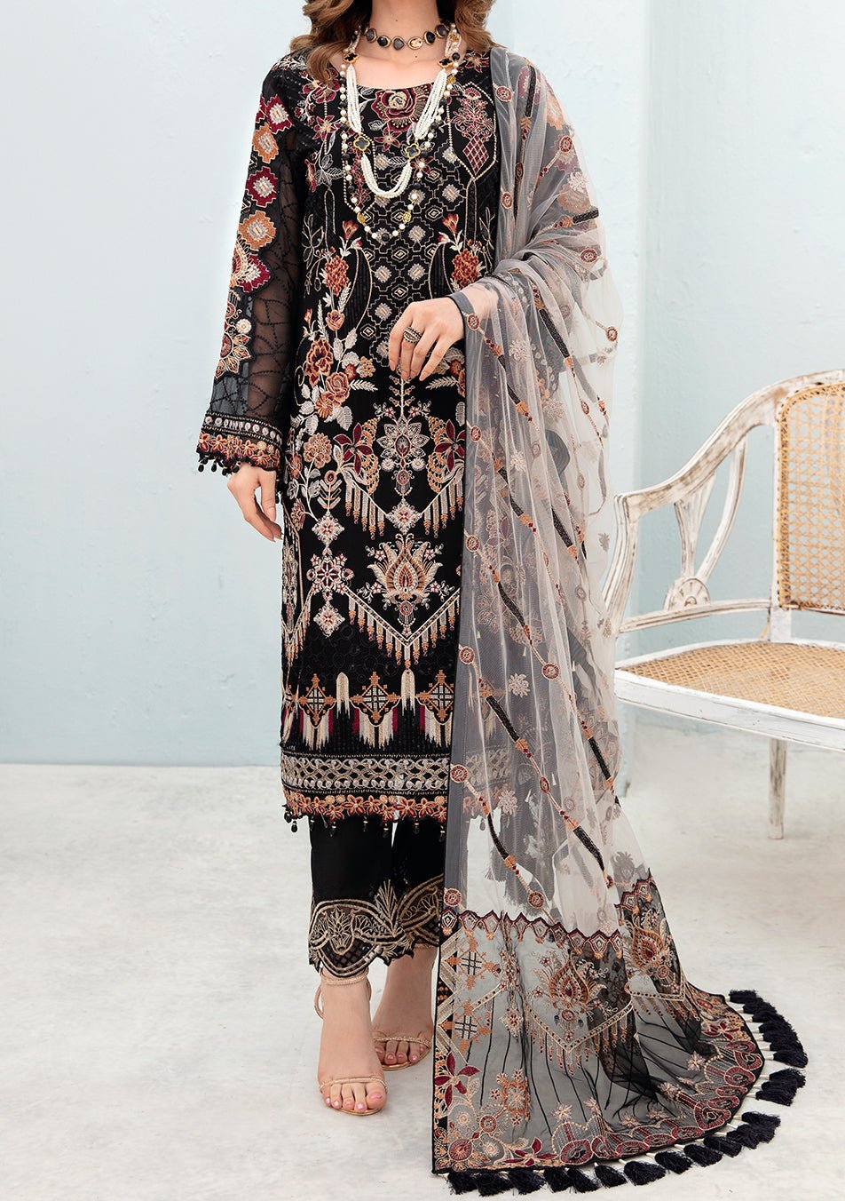 Ramsha Chevron Pakistani Luxury Chiffon Dress