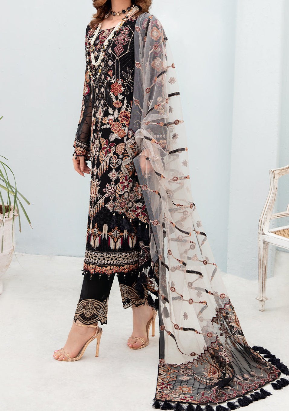 Ramsha Chevron Pakistani Luxury Chiffon Dress