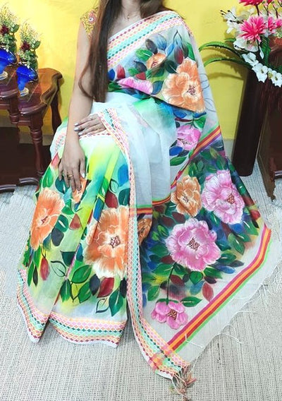 Boutique Designer Hand Painted Mixed Cotton Saree - db18927