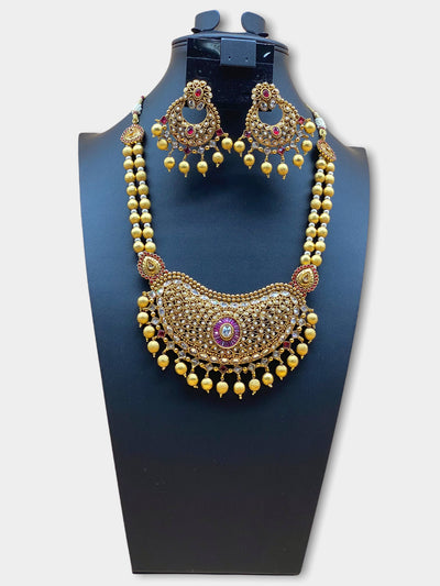 Gold Plated Pearl Stone Work Long Necklace Set - dba038