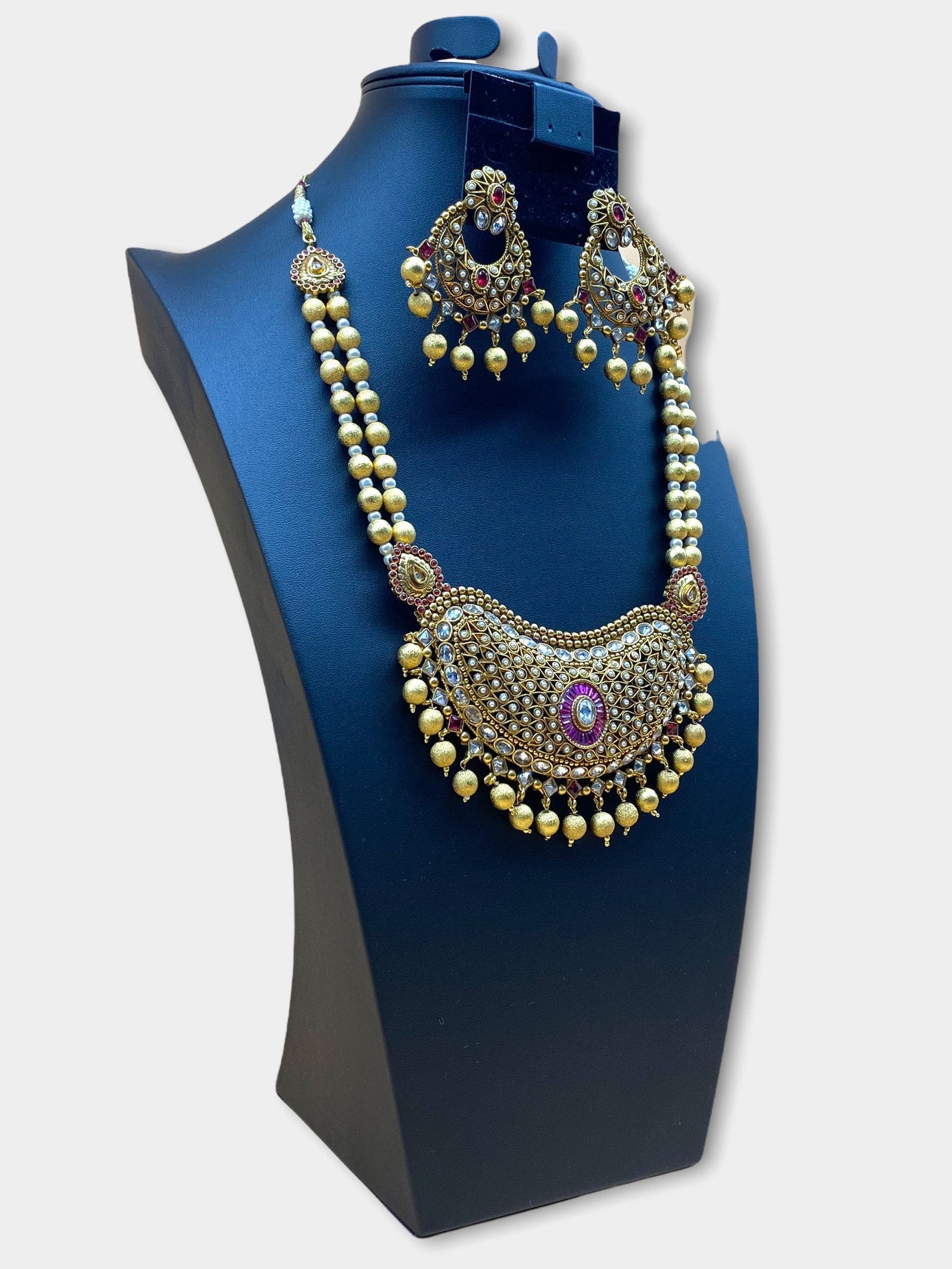 Gold Plated Pearl Stone Work Long Necklace Set - dba038