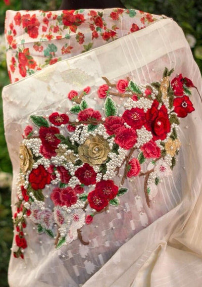 Khan Saab Designer Dhakai Jamdani Carnation Saree - db24041